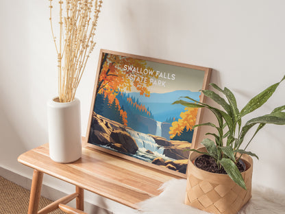 Swallow Falls State Park, Maryland Landscape Poster | Woodland Waterfall Vacation Wall Art — 20x16 in