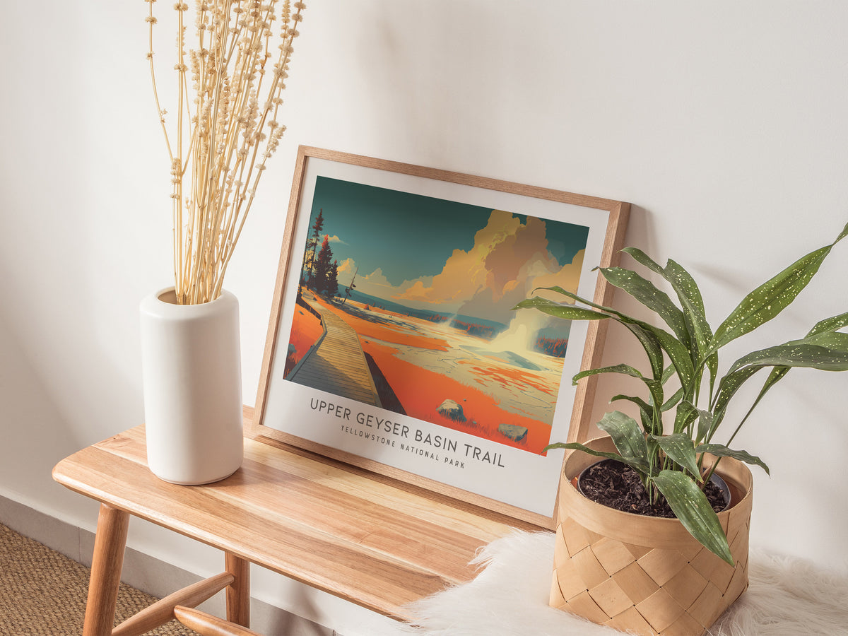 Upper Geyser Basin Trail Landscape Matte Border Poster | Yellowstone National Park Framed or Unframed Travel Gift — 20x16 in