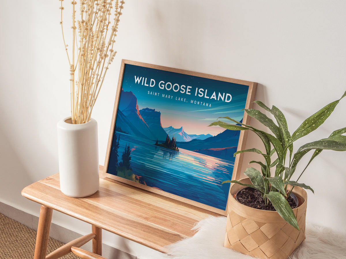 Wild Goose Island Landscape Poster | Saint Mary Lake, Montana Framed or Unframed Vacation Wall Art — 20x16 in