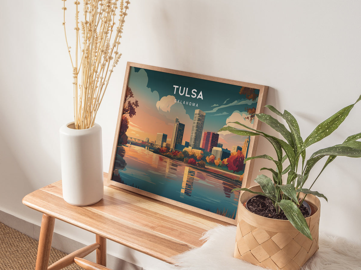 Tulsa, Oklahoma Landscape Poster | Golden Driller & Downtown Vacation Wall Art — 20x16 in