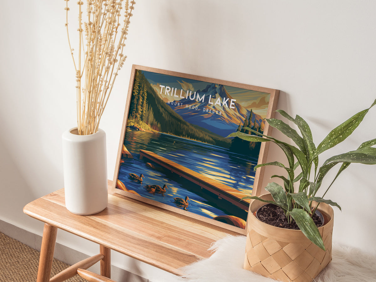 Trillium Lake Landscape Poster | Mount Hood, Oregon Framed or Unframed Vacation Wall Art — 20x16 in