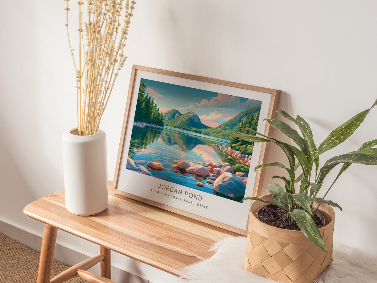 Jordan Pond Landscape Matte Border Poster | Acadia National Park, Maine Travel Wall Art — 20x16 in