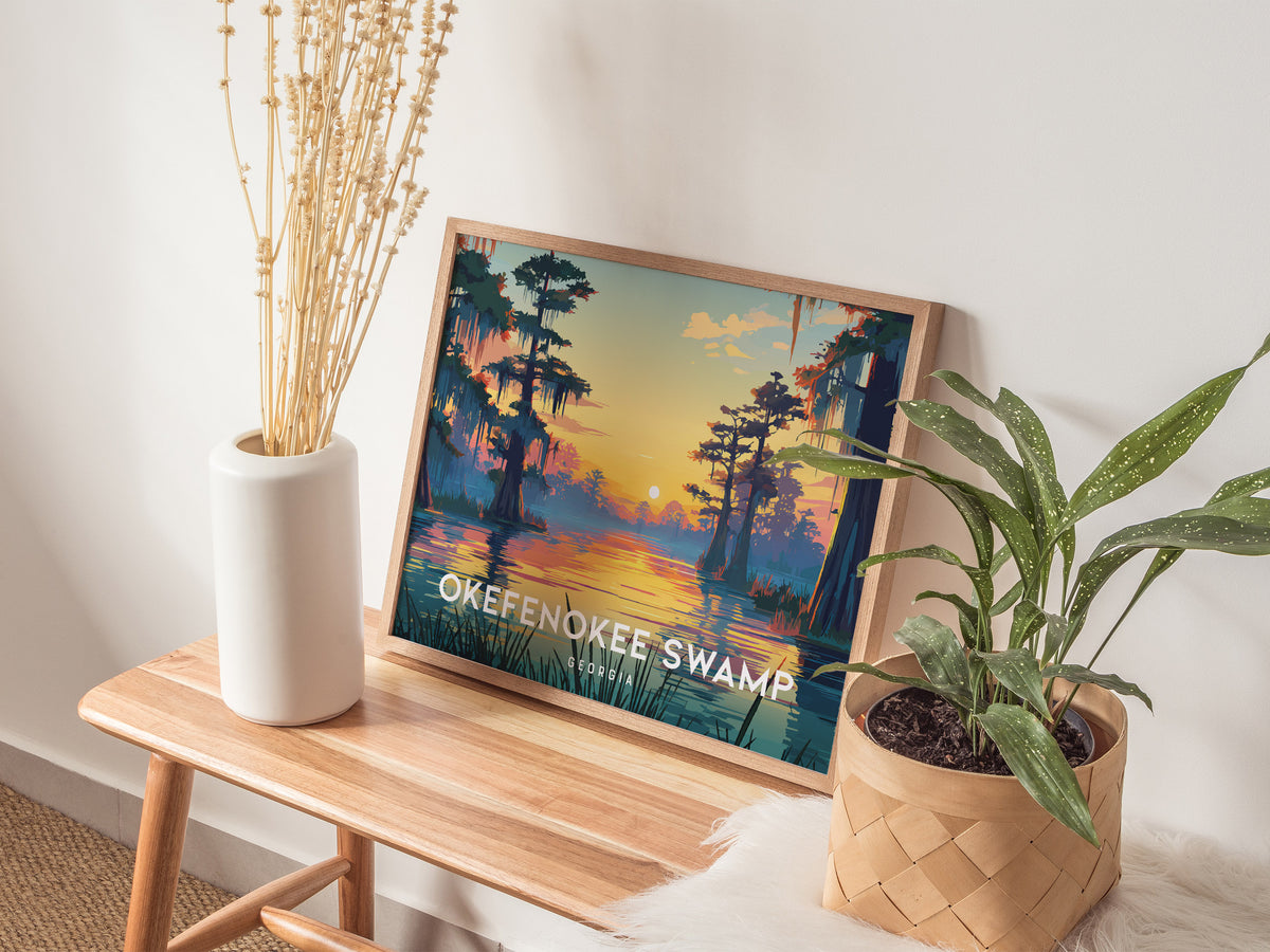 Okefenokee Swamp, Georgia Landscape Poster | Travel Gift Swampland Wildlife Wall Art — 20x16 in