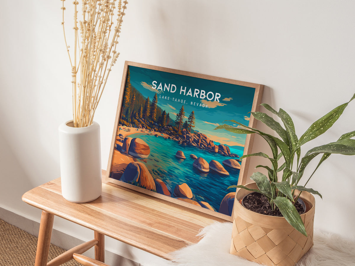 Sand Harbor Landscape Poster | Lake Tahoe, Nevada Travel Gift Destination Print — 20x16 in