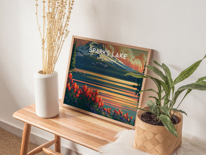 Sparks Lake Landscape Poster | Bend, Oregon Alpine Lake Framed or Unframed Travel Wall Art — 20x16 in