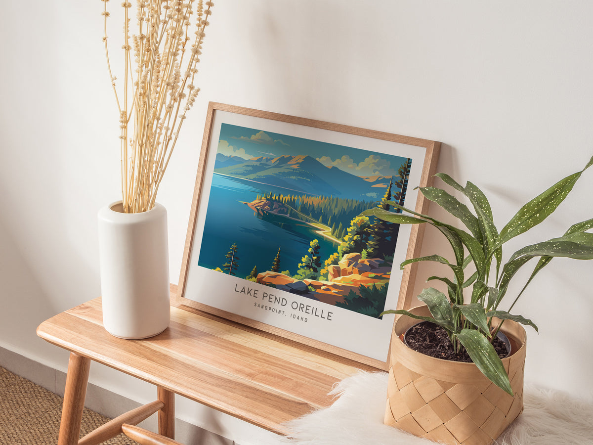 Lake Pend Oreille Landscape Matte Border Poster | Sandpoint, Idaho Framed or Unframed Travel Gift — 20x16 in