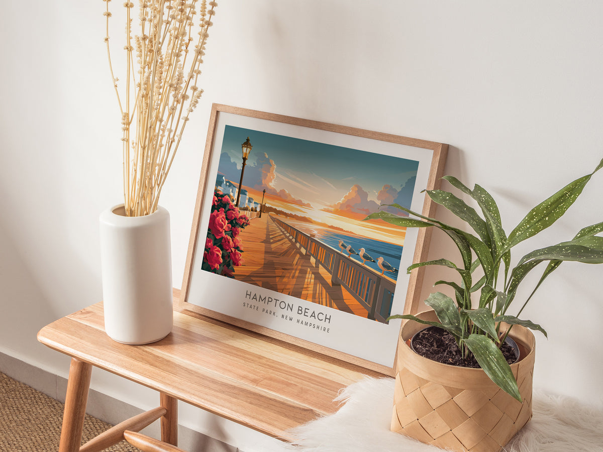 Hampton Beach Landscape Matte Border Poster | State Park, New Hampshire Travel Wall Art — 20x16 in