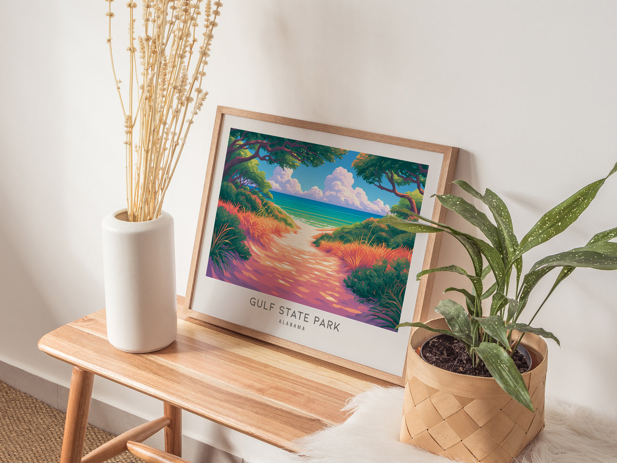 Gulf State Park Landscape Matte Border Poster | Alabama Vacation Wall Art Tropical Beach Print — 20x16 in