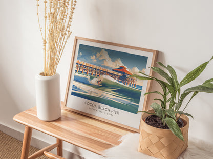 Cocoa Beach Pier Landscape Matte Border Poster | Travel Wall Art — 20x16 in