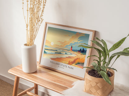 Holland State Park Landscape Matte Border Poster | Michigan Beach House Decor Vacation Wall Art — 20x16 in