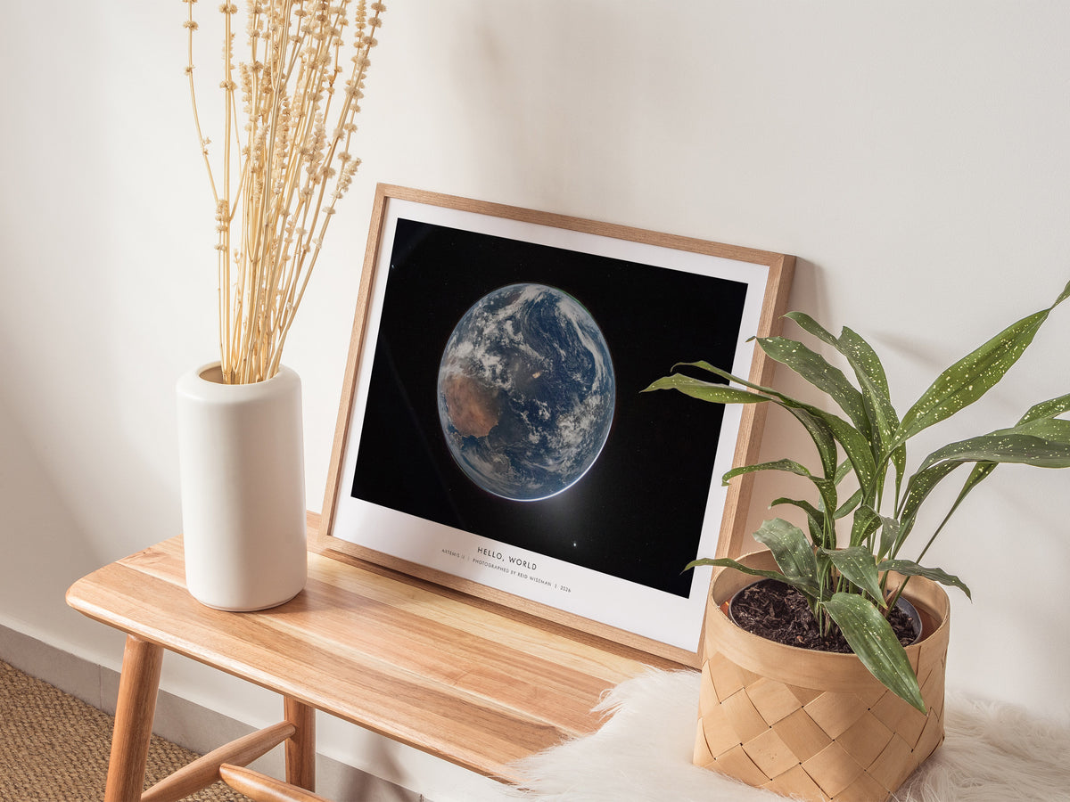 Hello, World Landscape Poster | NASA Artemis II Space Photography Wall Art — 20x16 in