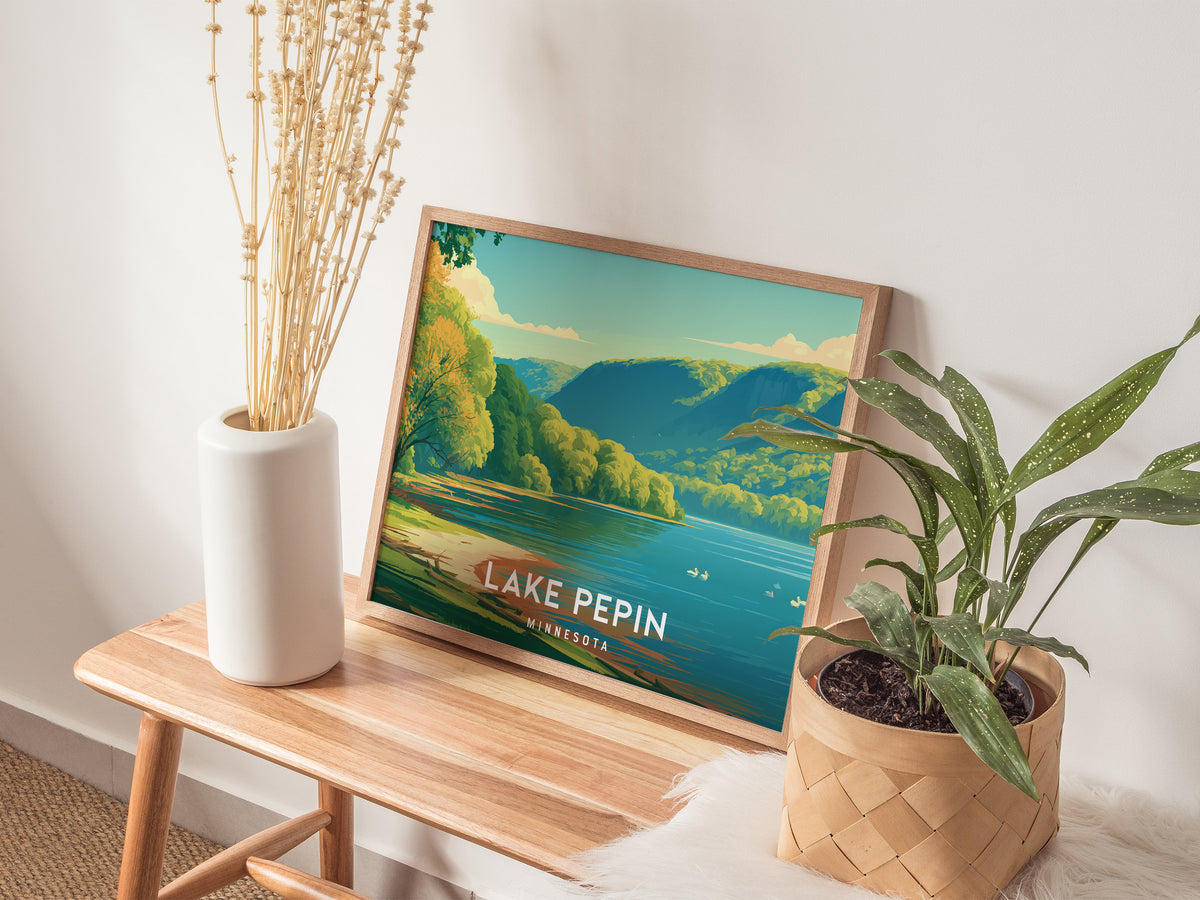 Lake Pepin, Minnesota Landscape Poster | Scenic Bluffs & Sailboats Vacation Wall Art — 20x16 in