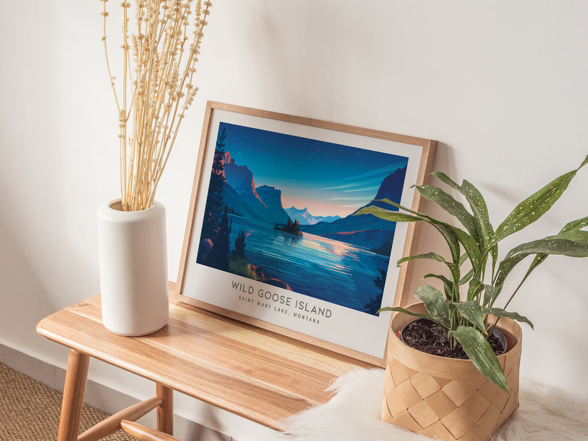 Wild Goose Island Landscape Matte Border Poster | Saint Mary Lake, Montana Destination Print — 20x16 in