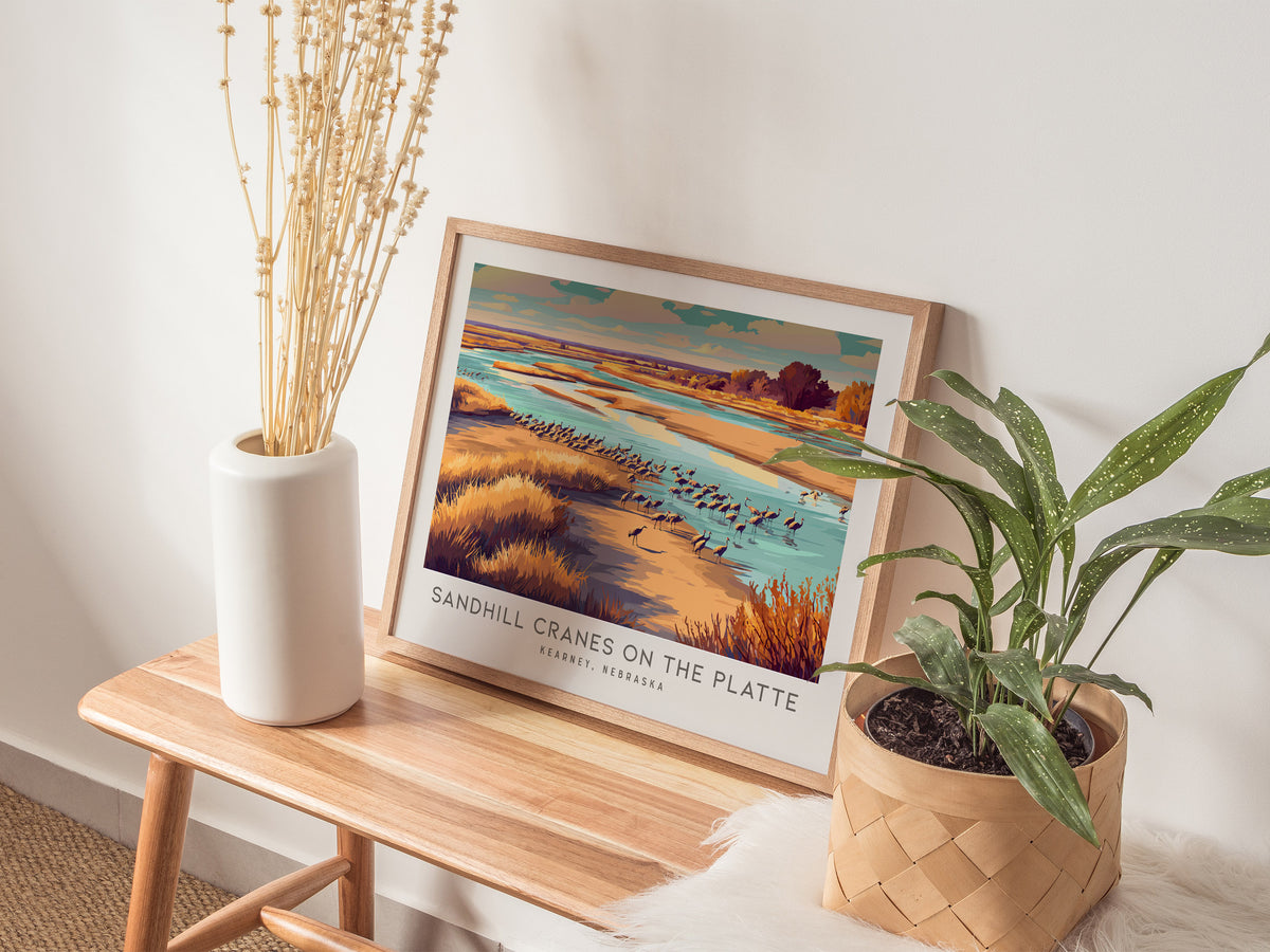 Sandhill Cranes on the Platte Landscape Matte Border Poster | Kearney, Nebraska Framed or Unframed Travel Gift — 20x16 in