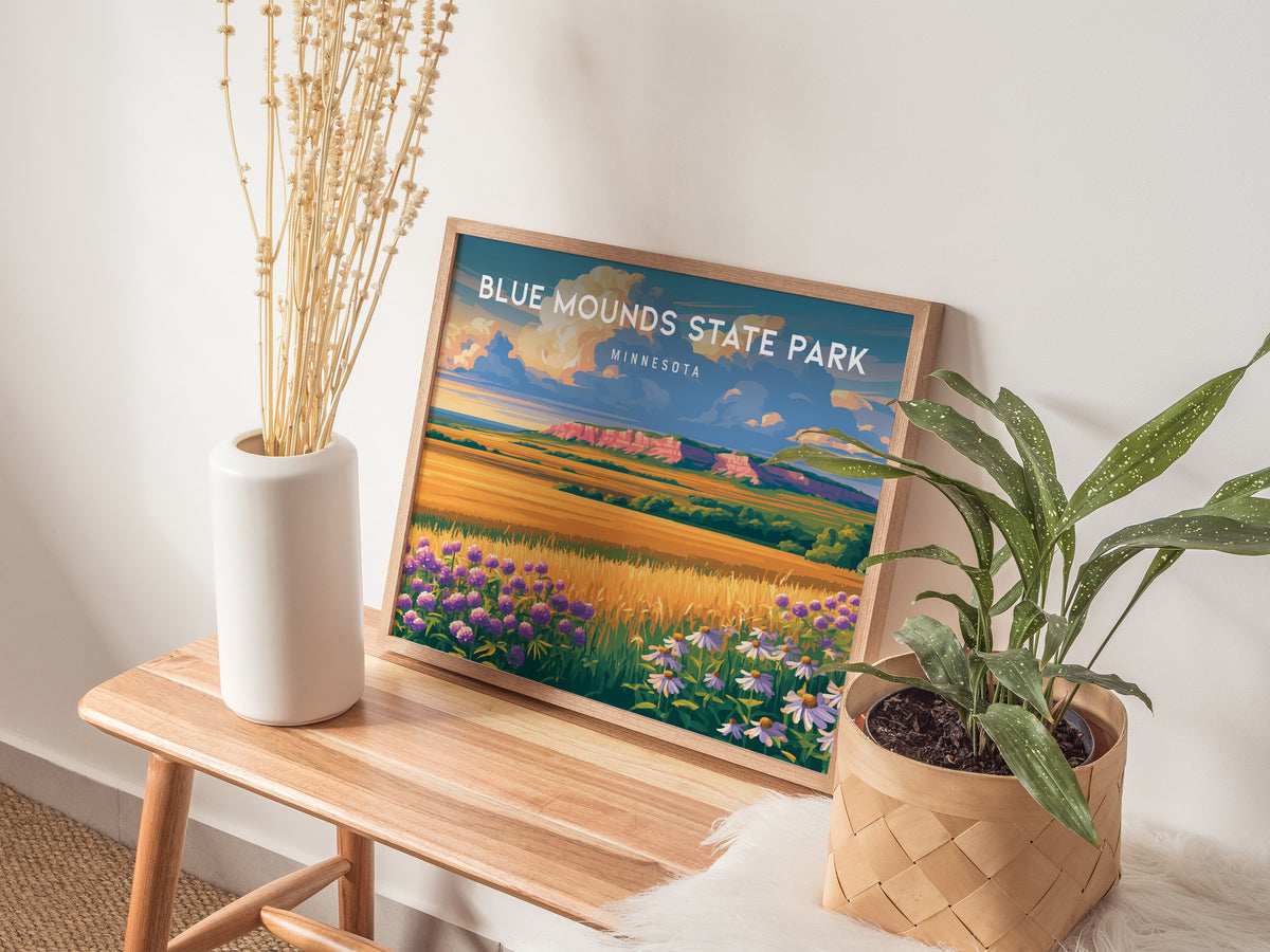 Blue Mounds State Park Landscape, Minnesota Poster | Tallgrass Prairie & Sioux Quartzite Framed or Unframed Wall Art — 20x16