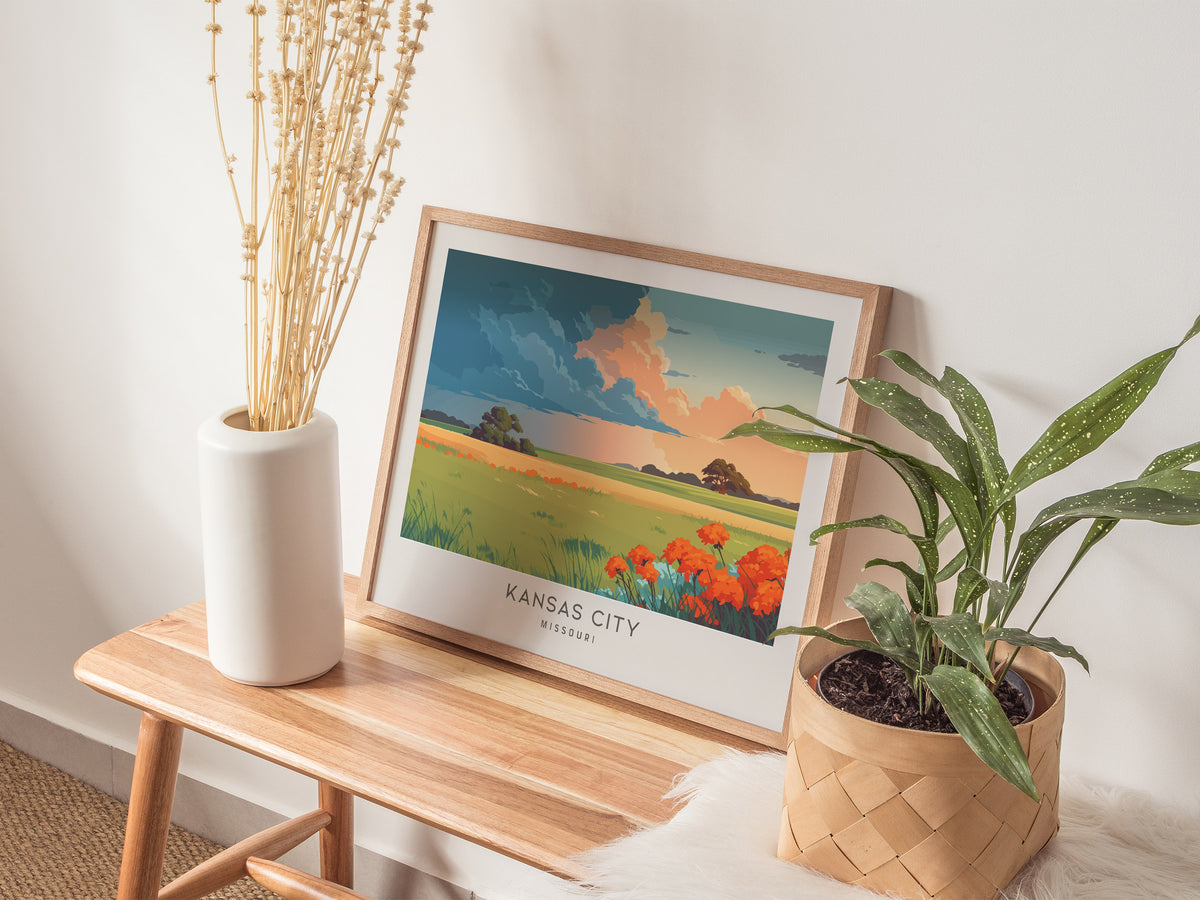 Kansas City Landscape Matte Border Poster | Missouri Vacation Wall Art — 20x16 in
