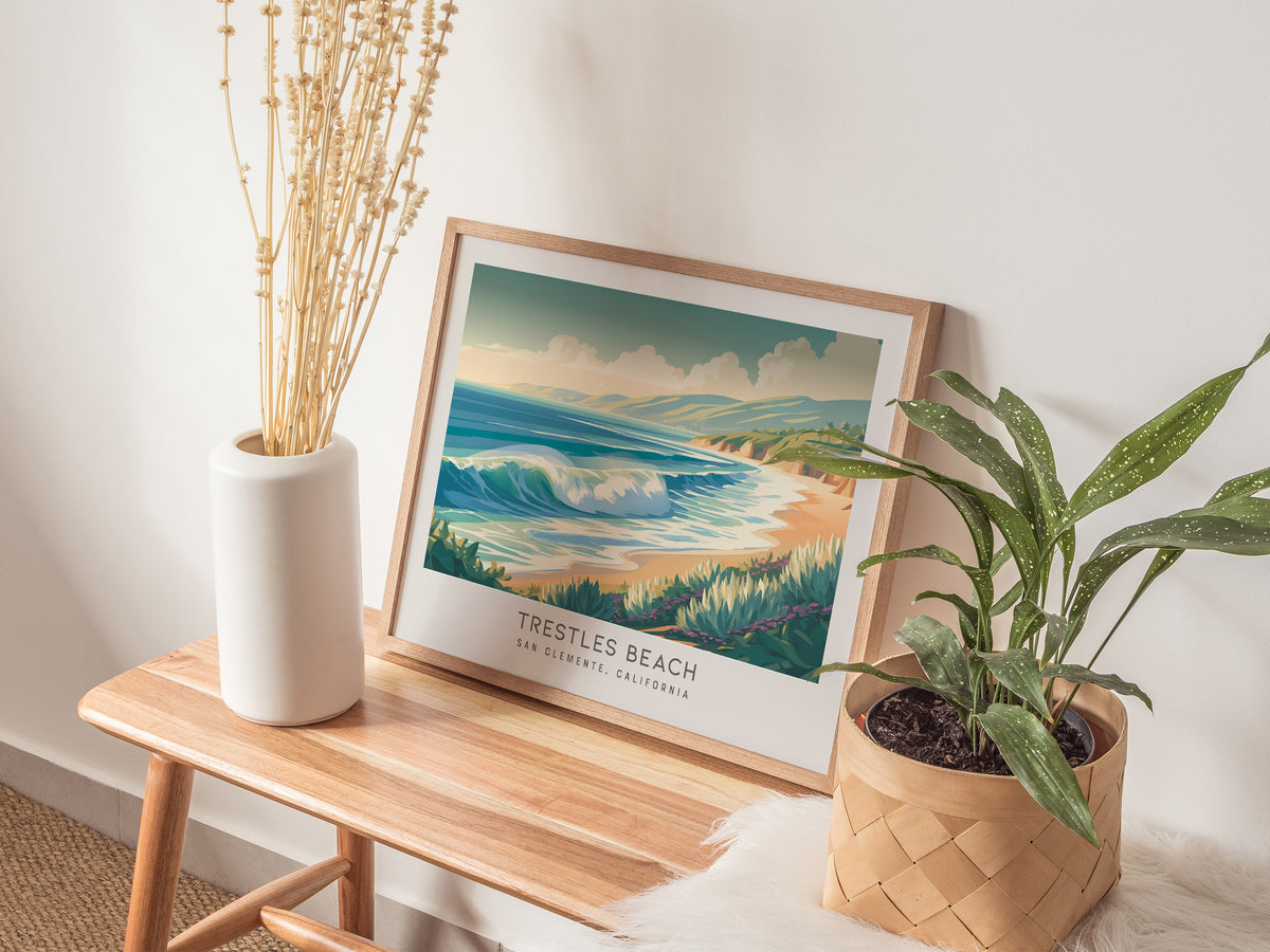 Trestles Beach Landscape Matte Border Poster | San Clemente, California Vacation Wall Art — 20x16 in