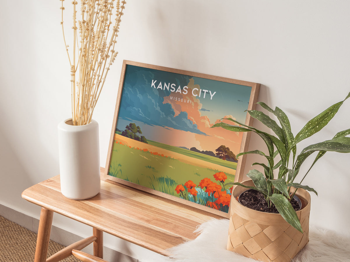 Kansas City, Missouri Landscape Poster | BBQ Jazz & Skyline Travel Gift Wall Art — 20x16 in