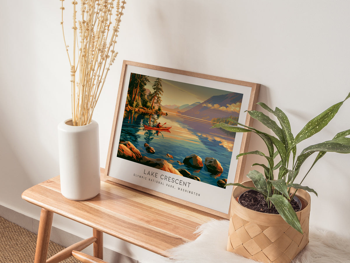 Lake Crescent Landscape Matte Border Poster | Olympic National Park, Washington Travel Wall Art — 20x16 in