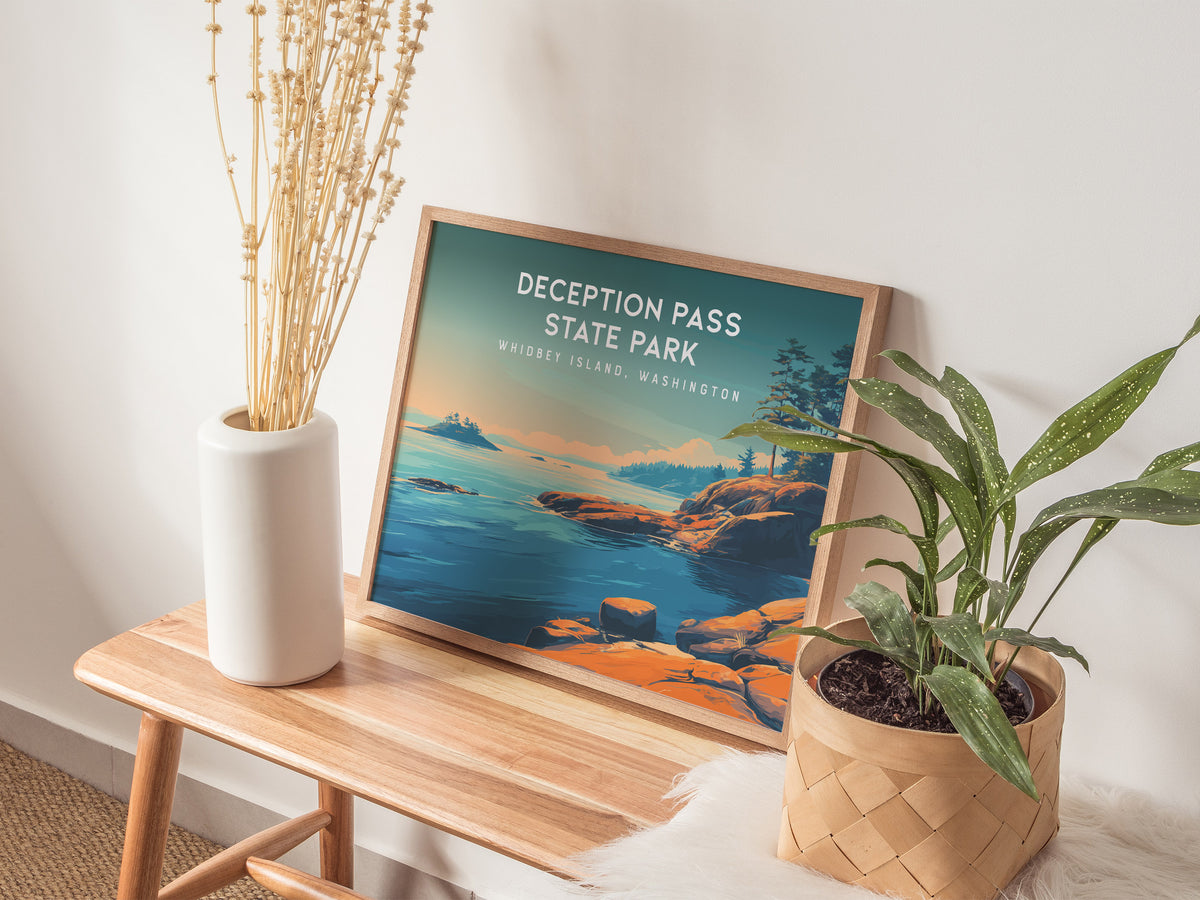 Deception Pass State Park Landscape Poster | Whidbey Island, Washington Pacific Northwest Beach House Decor — 20x16 in