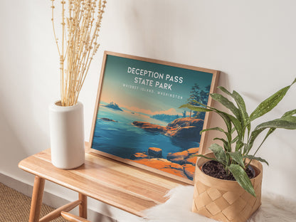 Deception Pass State Park Landscape Poster | Whidbey Island, Washington Pacific Northwest Beach House Decor — 20x16 in