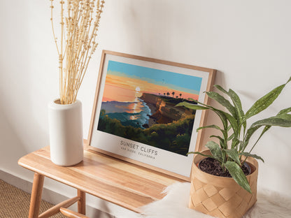 Sunset Cliffs Landscape Matte Border Poster | San Diego, California Travel Wall Art — 20x16 in