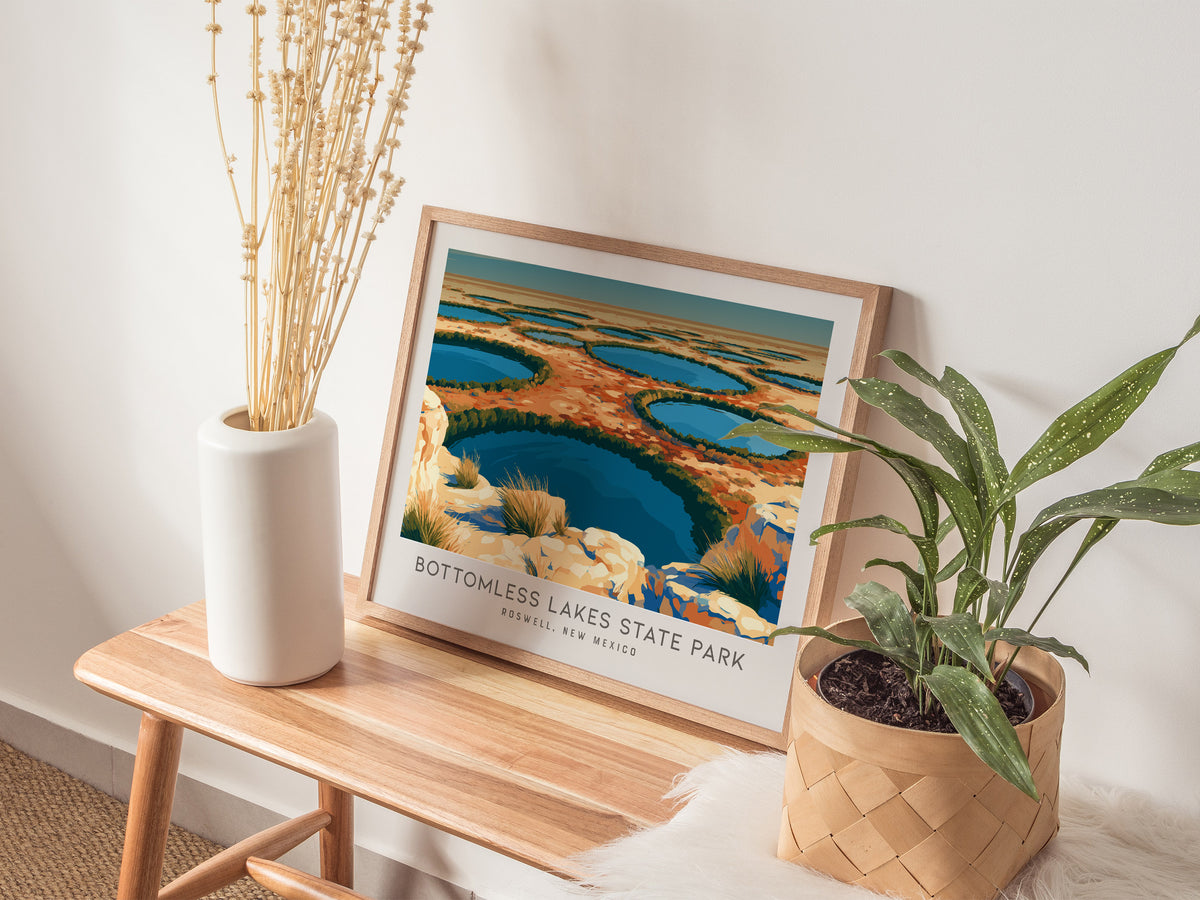 Bottomless Lakes State Park Landscape Matte Border Poster | Roswell, New Mexico Framed or Unframed Desert Oasis Print — 20x16