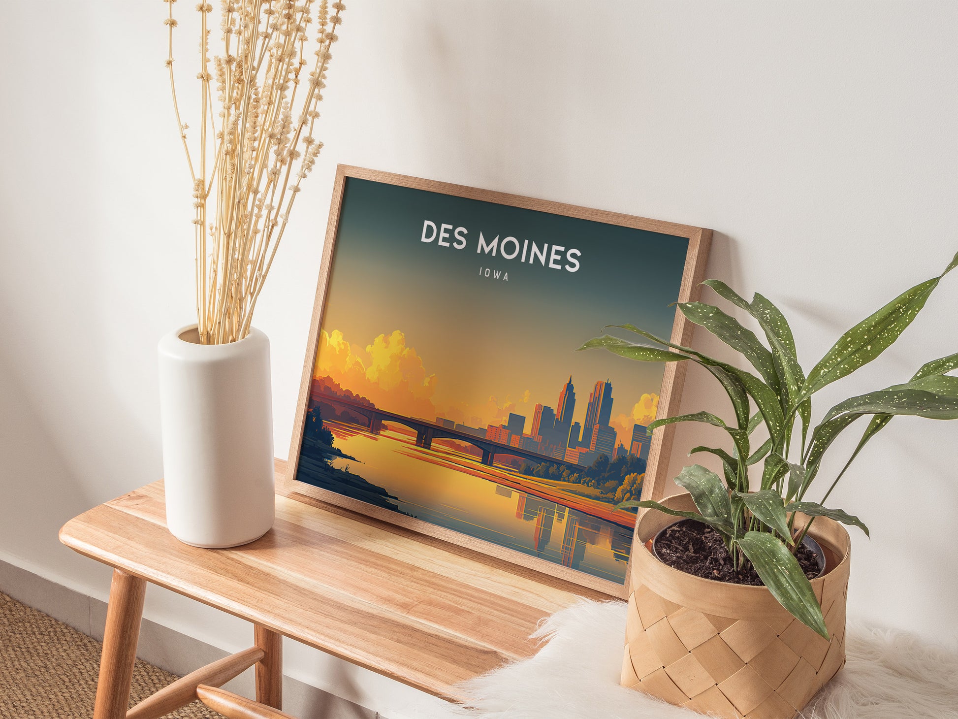 Des Moines, Iowa Landscape Poster | Heartland Skyline Travel Wall Art — 20x16 in