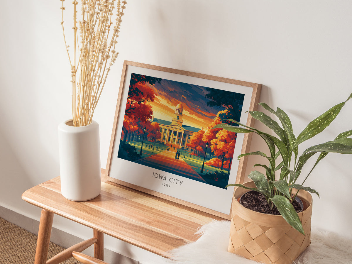 Iowa City Landscape Matte Border Poster | Iowa Framed or Unframed Travel Gift — 20x16 in