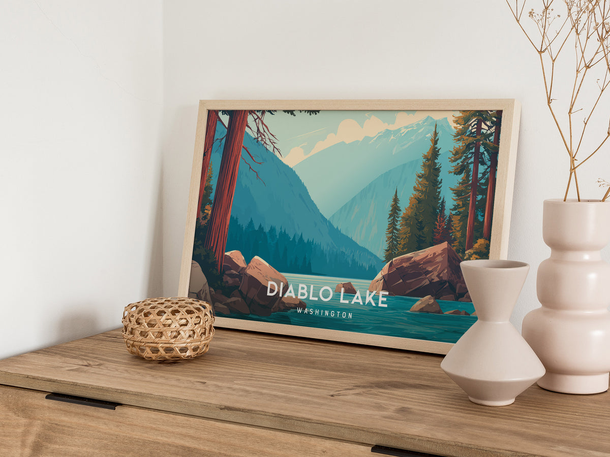 Diablo Lake Landscape, Washington Poster | Mountain Lake Vacation Wall Art — 12x18 in