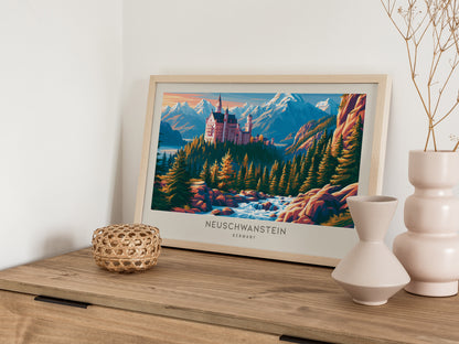 Neuschwanstein Landscape Matte Border Poster | Germany Framed or Unframed Travel Wall Art — 12x18 in