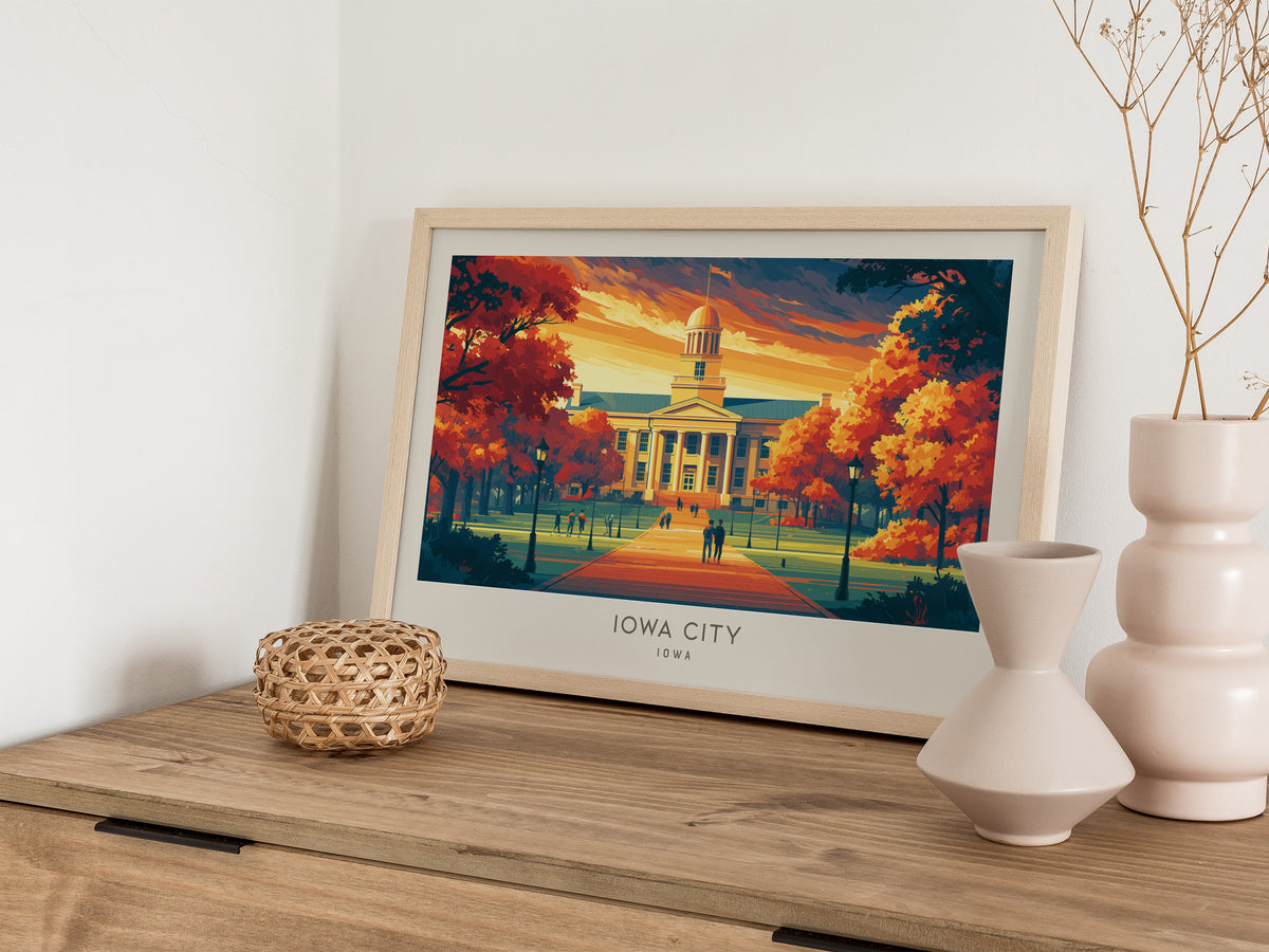 Iowa City Landscape Matte Border Poster | Iowa Framed or Unframed Travel Gift — 12x18 in