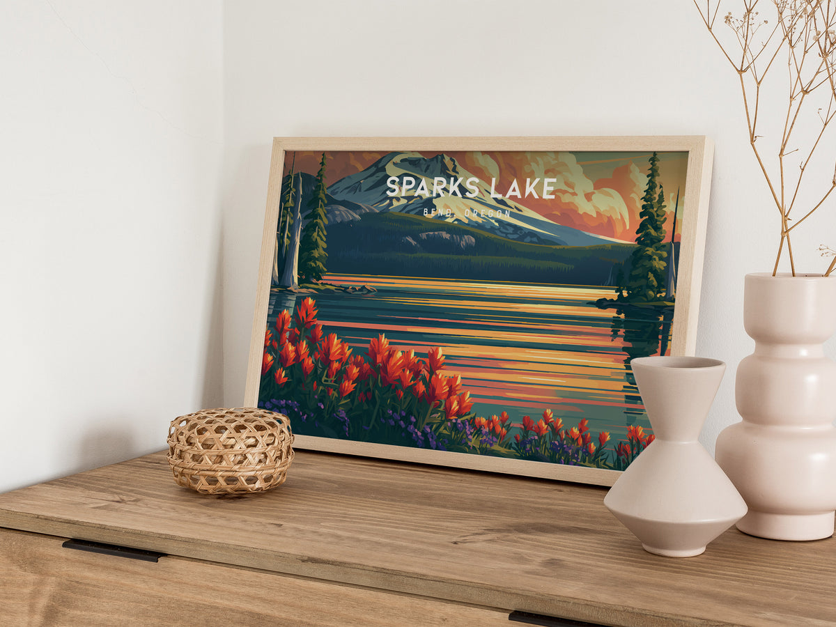 Sparks Lake Landscape Poster | Bend, Oregon Alpine Lake Framed or Unframed Travel Wall Art — 12x18 in