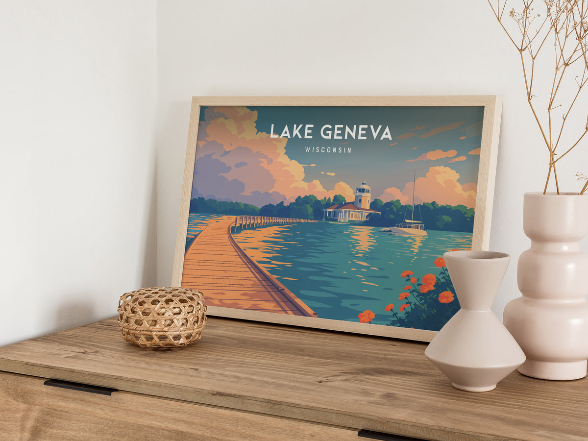 Lake Geneva, Wisconsin Landscape Poster | Lakefront Beauty Framed or Unframed Wall Art — 12x18 in