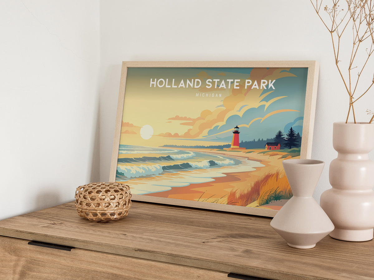 Holland State Park Landscape, Michigan Poster | Big Red Lighthouse Destination Print Wall Art — 12x18 in