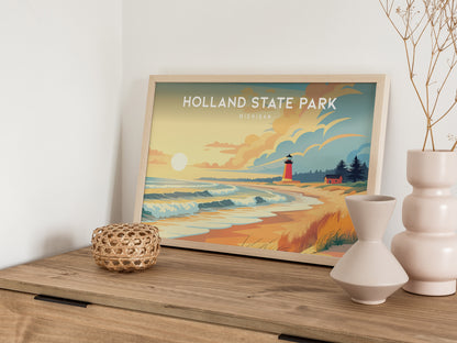 Holland State Park Landscape, Michigan Poster | Big Red Lighthouse Destination Print Wall Art — 12x18 in