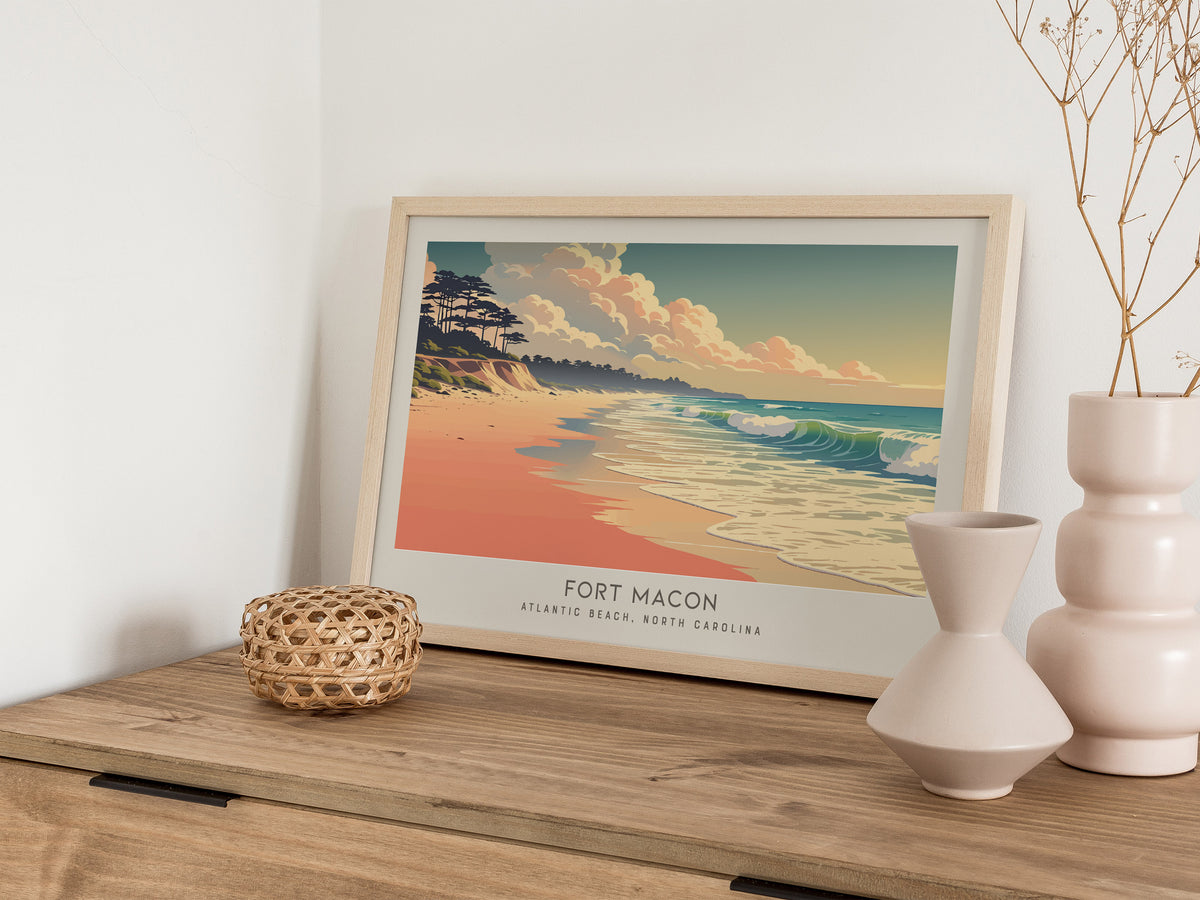 Fort Macon Landscape Matte Border Poster | Atlantic Beach, North Carolina Coastal Beach Decor — 12x18 in