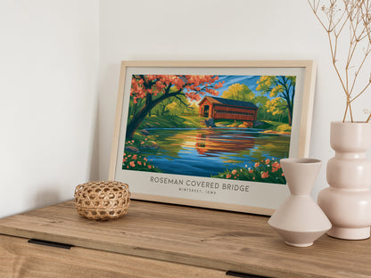 Roseman Covered Bridge Landscape Matte Border Poster | Winterset, Iowa Vacation Wall Art — 12x18 in