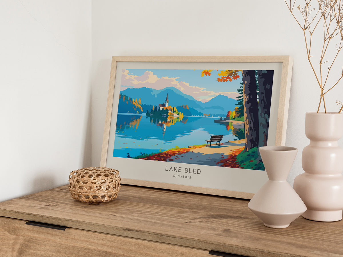 Lake Bled Landscape Matte Border Poster | Slovenia Framed or Unframed Travel Gift — 12x18 in