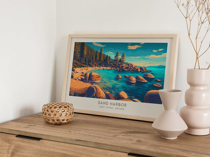 Sand Harbor Landscape Matte Border Poster | Lake Tahoe, Nevada Vacation Wall Art — 12x18 in