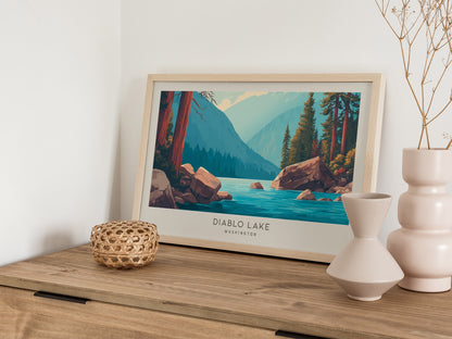 Diablo Lake Landscape Matte Border Poster | Washington Framed or Unframed Travel Gift — 12x18 in