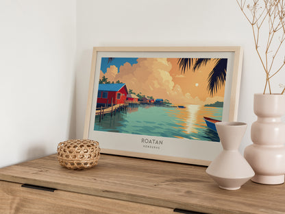 Roatan Landscape Matte Border Poster | Honduras Vacation Wall Art Beach House Decor — 12x18 in