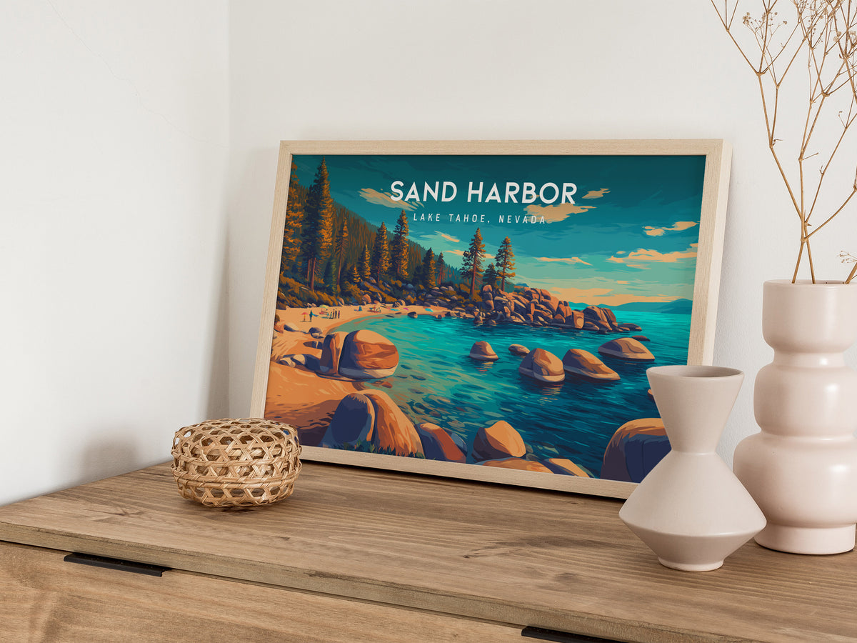 Sand Harbor Landscape Poster | Lake Tahoe, Nevada Travel Gift Destination Print — 12x18 in