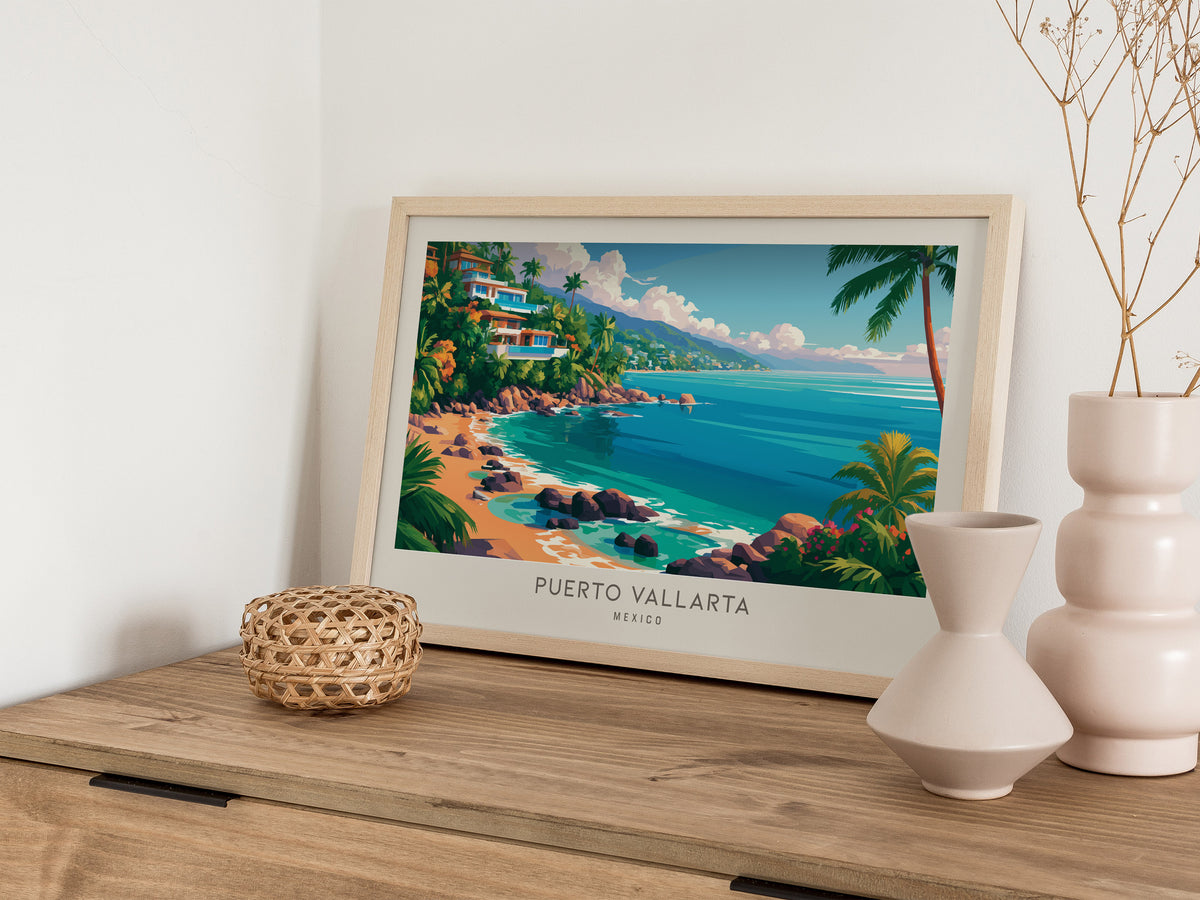 Puerto Vallarta Landscape Matte Border Poster | Mexico Coastal Beach Decor Framed or Unframed — 12x18 in