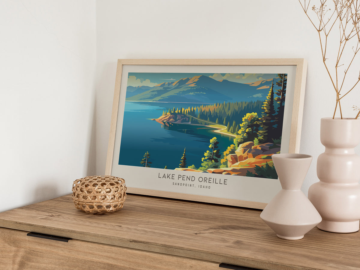 Lake Pend Oreille Landscape Matte Border Poster | Sandpoint, Idaho Framed or Unframed Travel Gift — 12x18 in