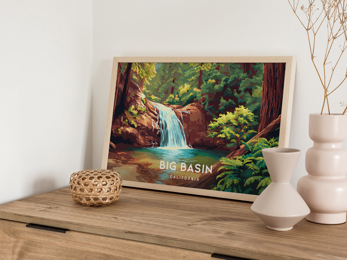 Big Basin Redwoods, California Landscape Poster | Ancient Forest Travel Wall Art — 12x18 in