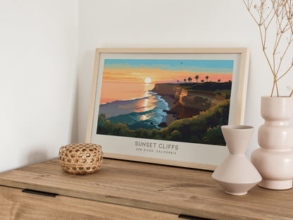 Sunset Cliffs Landscape Matte Border Poster | San Diego, California Travel Wall Art — 12x18 in