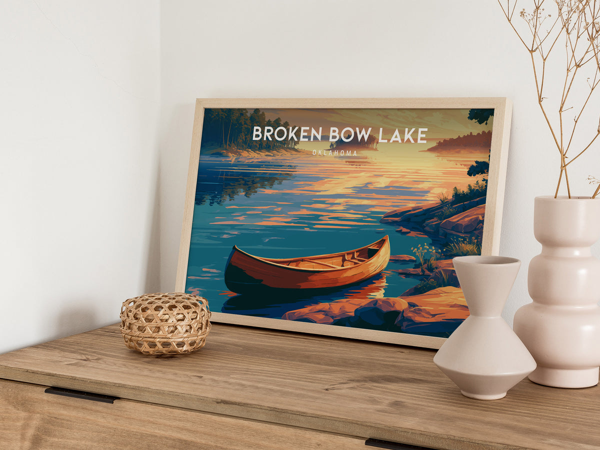 Broken Bow Lake, Oklahoma Landscape Poster | Lakeside Cabin & Pines Vacation Wall Art — 12x18 in