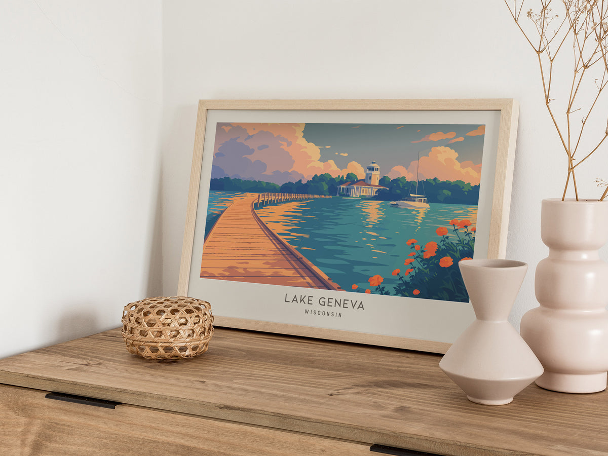 Lake Geneva Landscape Matte Border Poster | Wisconsin Vacation Wall Art — 12x18 in