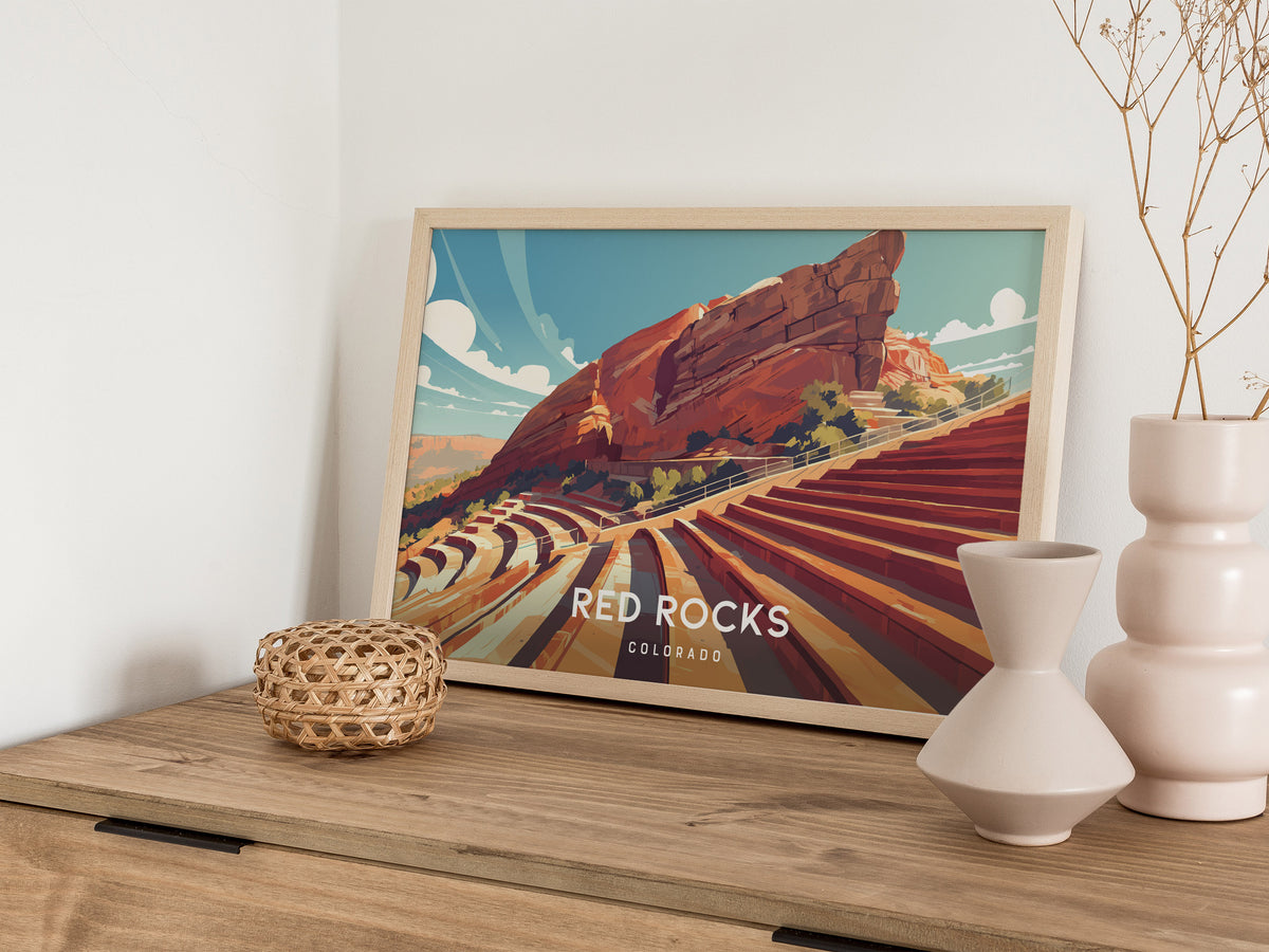 Red Rocks Amphitheatre Landscape, Colorado Poster | Iconic Mountain Venue Destination Print Wall Art — 12x18 in